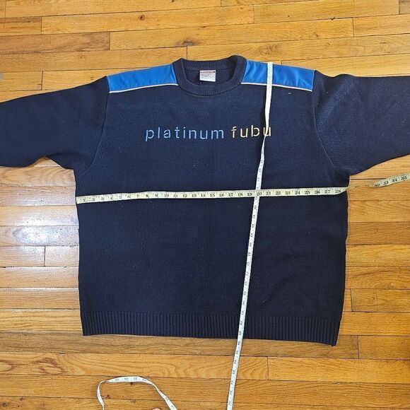 VINTAGE Platinum Fubu Sweater Mens XL Blue Acrylic Hip Hop Y2K Elbow Pads Knit - Picture 4 of 7